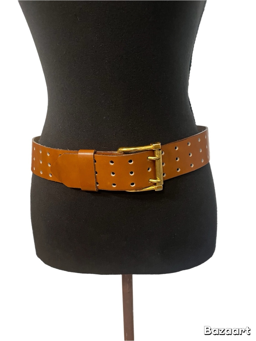 Paris Brown Leather Waist Belt with Gold Buckle Size32